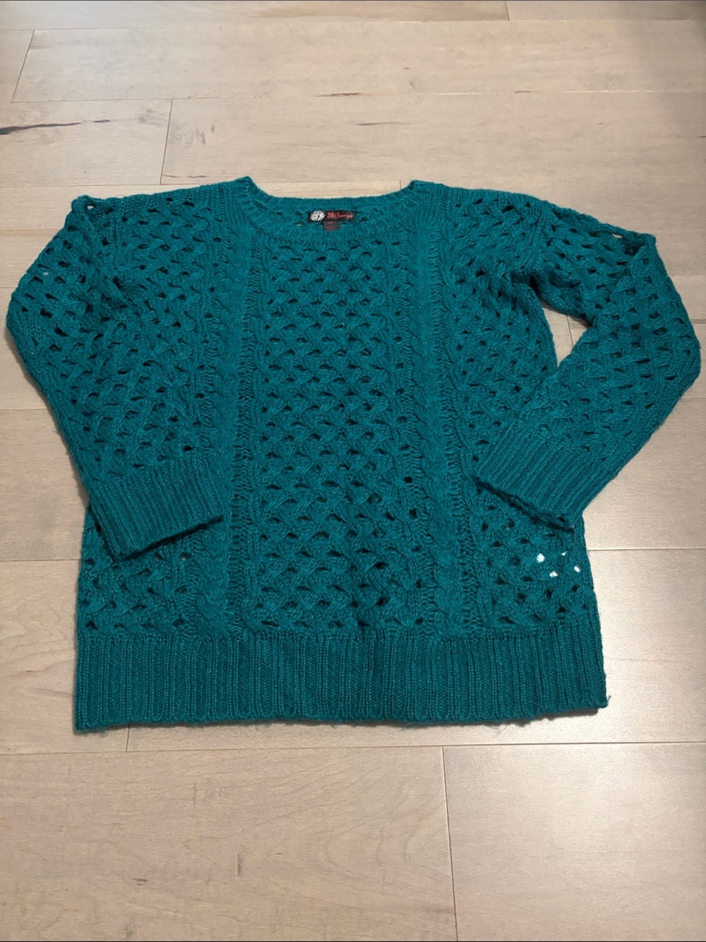 Like New J.J Basics Openwork Teal Cable-Knit Crewneck Sweater